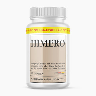 Dose mit beigem Etikett Himero 60 Kapseln, schwarzer Schrift und Textblock in rechteckigem Rahmen